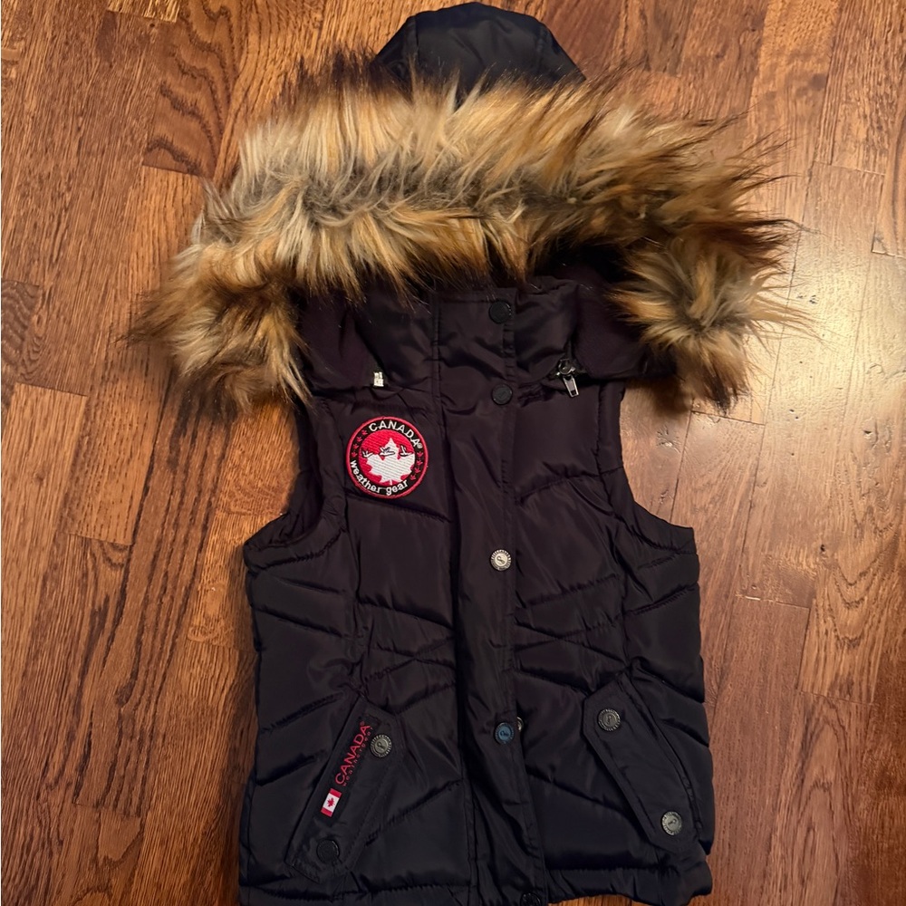 Canada Weather Gear Black Puffer Vest with Fur Hood